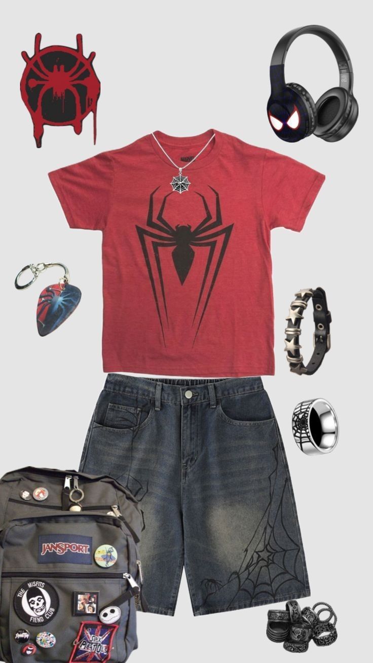 Summer Emo Outfits, Emo Outfits Men, Outfit Ideas Shirt, Spiderman Outfit, Spiderman Shirt, Shirt Outfit Ideas, Men Outfit Ideas, Silly Clothes, Diy Vetement