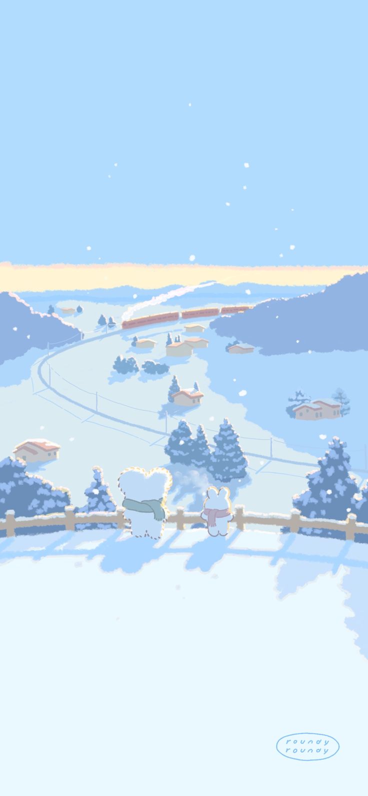 a snowy landscape with houses and trees