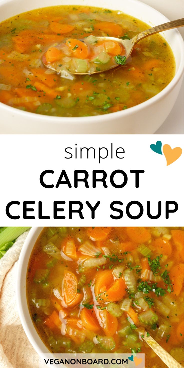 two bowls of carrot celery soup with a spoon in one and the other