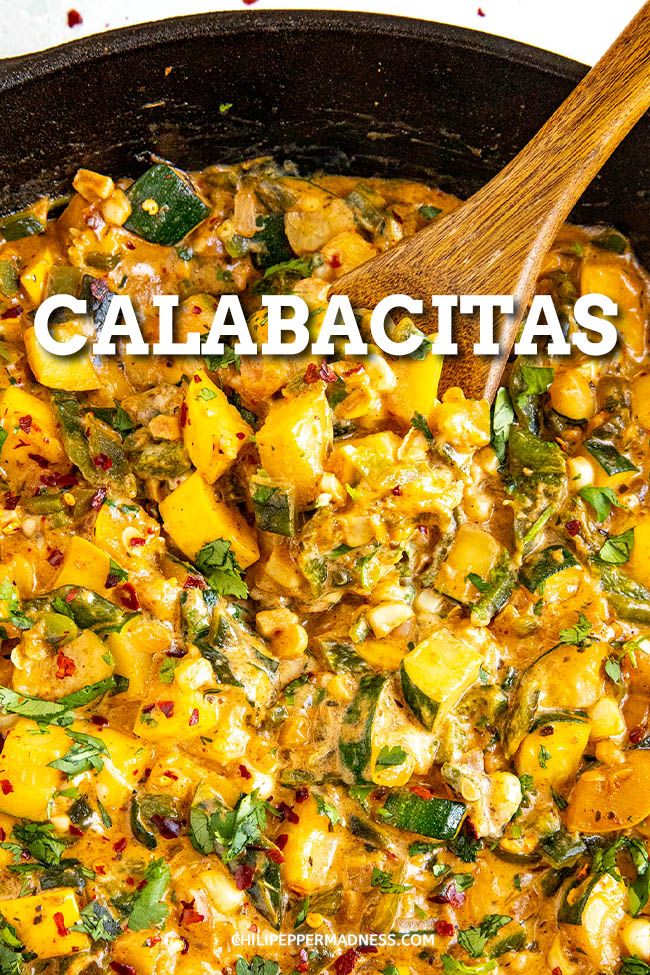 a skillet filled with food and the words calabactas above it