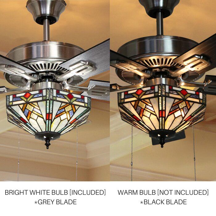 three ceiling fans with stained glass shades in different styles and colors, hanging from the ceiling