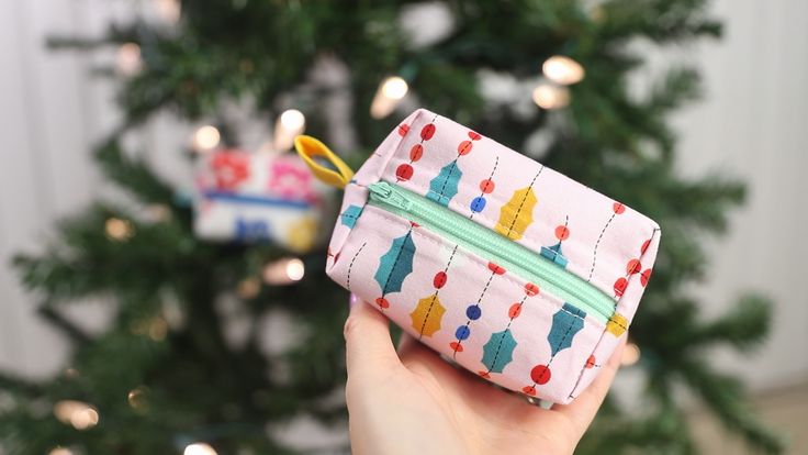 a hand holding a small zippered pouch in front of a christmas tree