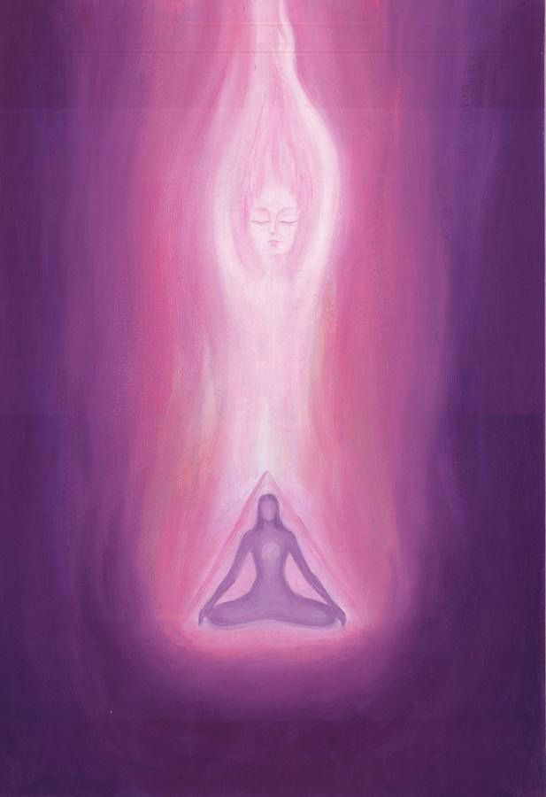 a painting of a person sitting in the middle of a purple room with light coming from behind