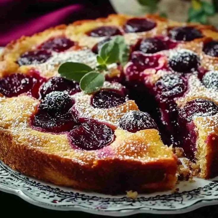 a close up of a cake on a plate with fruit toppings and powdered sugar