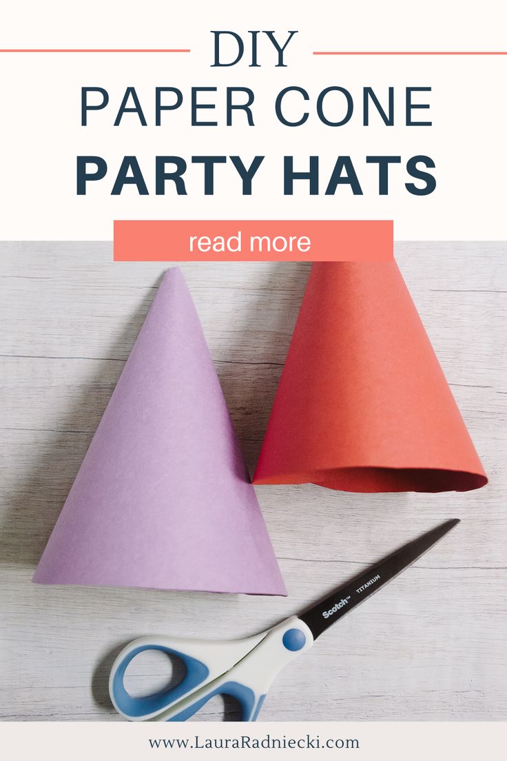 two paper cone party hats with scissors on the side and text overlay that reads, diy paper cone party hats read more