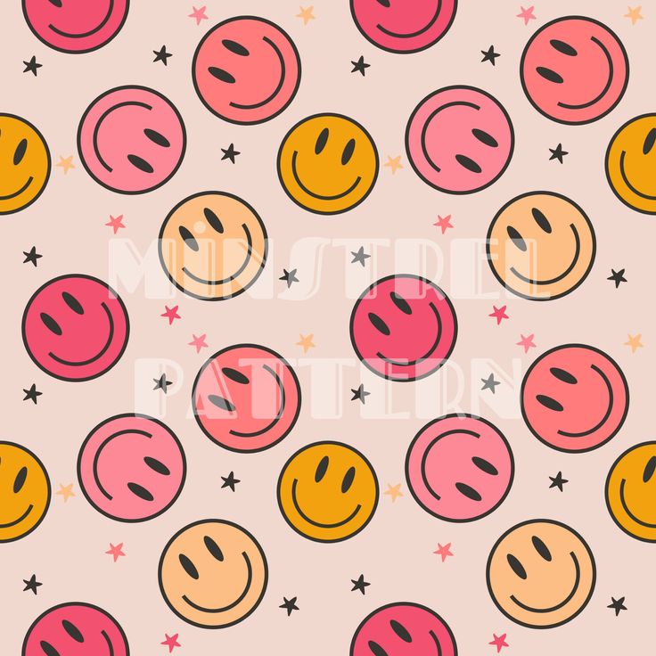 a pattern with smiley faces and stars on pink, yellow and red colors in the background