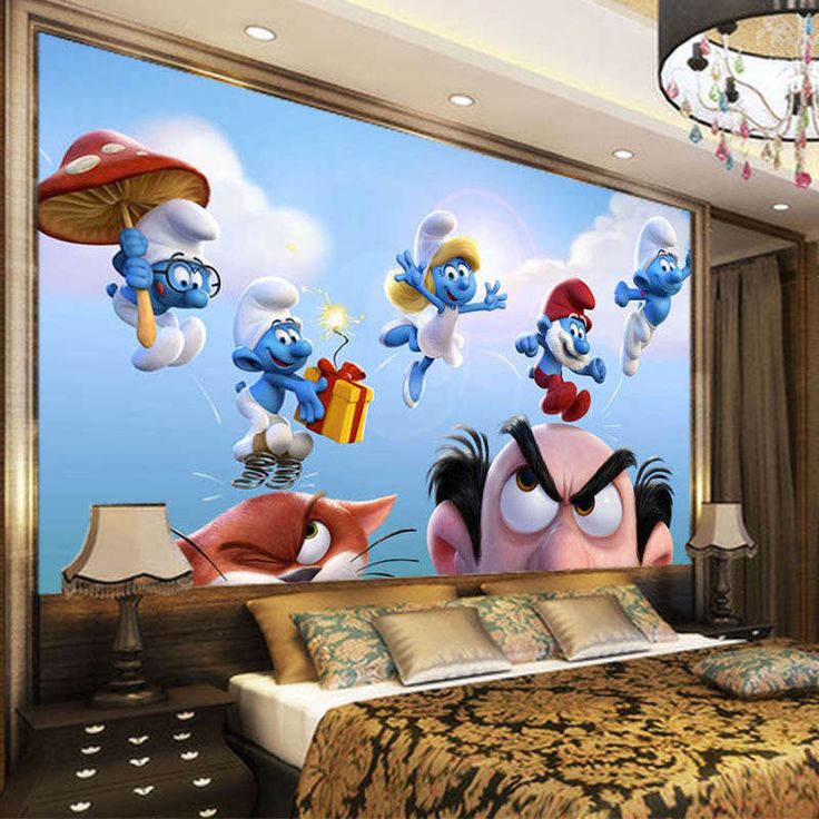 the smurfs are flying in the sky on this bed room wallpaper mural