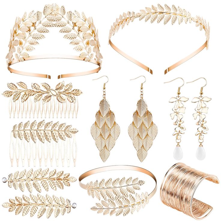 PRICES MAY VARY. Package Includes: you will receive 12 pieces of Greek accessories, including 2 pieces leaf headbands, 2 pairs of Greek earrings, a armband, a coil bracelet, 2 pieces gold hair combs and 2 pieces hair clips, with abundant styles and enough quantity to meet your daily use and role playing needs Quality Materials: Halloween Greek costume accessories are mainly made of alloy, reliable in quality, comfortable to wear, easy to bend, and can be adjusted to suit your size and applied fo White Crown Jewelry For Party, Adjustable Party Headband Jewelry, White Crown-shaped Party Jewelry, Gold Headband Jewelry Gift, Adjustable Metal Headpieces For Party, Adjustable Metal Headpieces For Parties, Adjustable Metal Party Headpieces, Gold Headband Hair Accessories Gift, Gold Crown Hair Accessories For Wedding