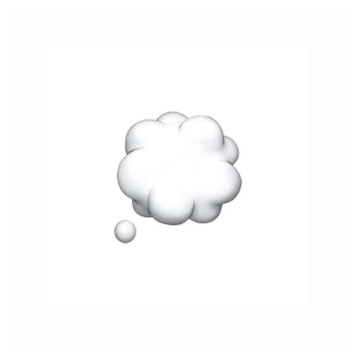 a white cloud floating in the air on a white background with an empty thought bubble above it