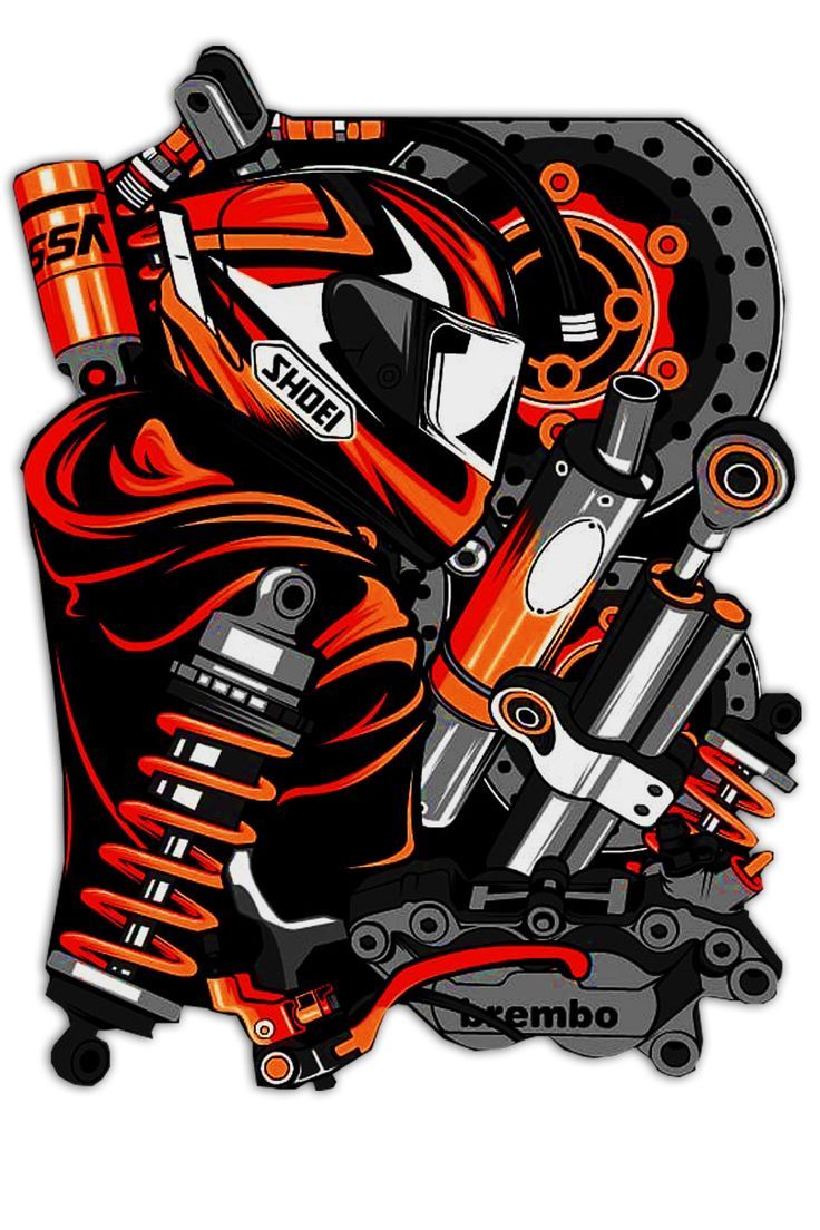 an orange and black drawing of a motorcyclist with gear on it's face