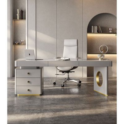 an office desk with two drawers and a white chair