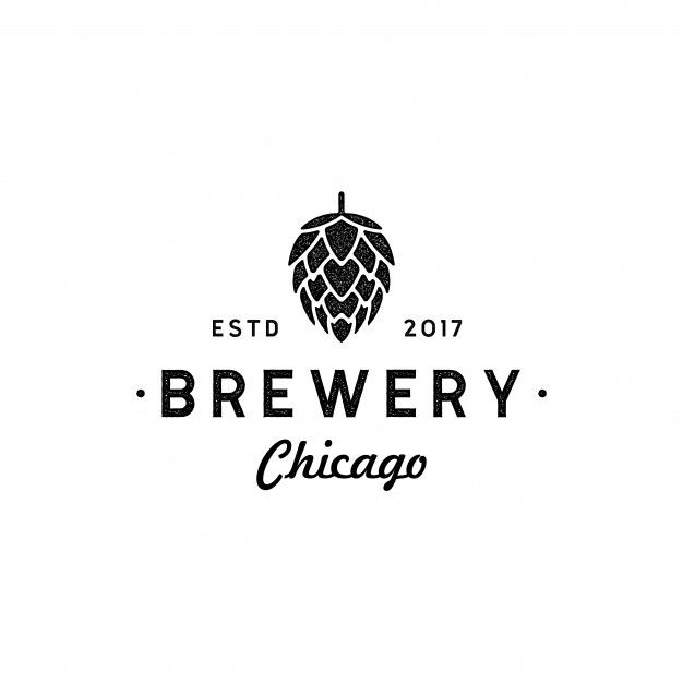 the logo for brewery chicago, with hops on each side and an inscription in black