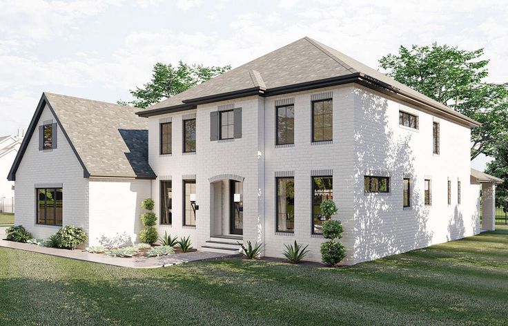 a white two story house with black trim on the front and side windows is shown in an artist's rendering