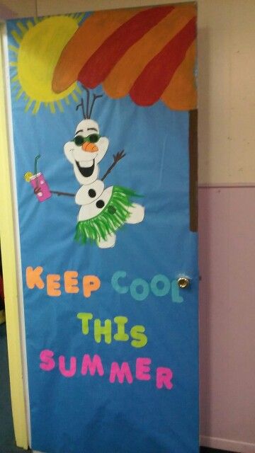 a door decorated with an image of a snowman and the words keep cool this summer