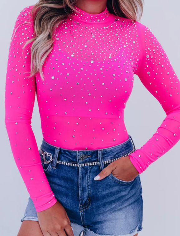 Please note that all presale items take up to 10-15 business days for shipment.*Due to being in the holiday season presale items can take an extended estimated time of up to 4 weeks+, you will be notified of any delays in the shipment that could take longer. Neon Fashion Aesthetic, Rhinestone Outfit, Western Top, Stand Neck, Casual Bodysuit, Neon Fashion, Pink Bodysuit, Mesh Bodysuit, Print Bodysuit