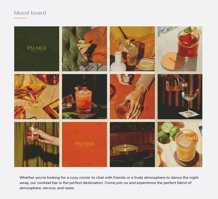 an advertisement for mood board with images of cocktails and drinks on the table in different colors