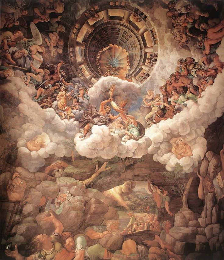 a painting with many people on it and clouds above the painting is an image of birth of jesus