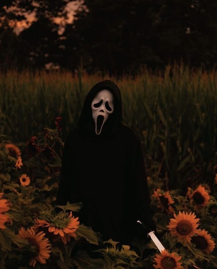 a person in a black hoodie with a white mask on standing in a field of sunflowers