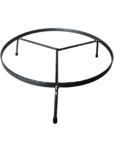 a round metal table with two legs and a handle on the top, is shown against a white background