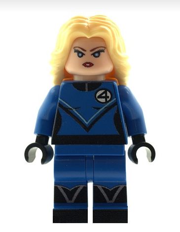 a lego figure with blonde hair and blue outfit on it's chest, standing in front of a white background