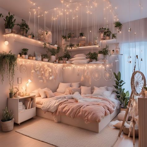 a bed room with a neatly made bed and lots of plants