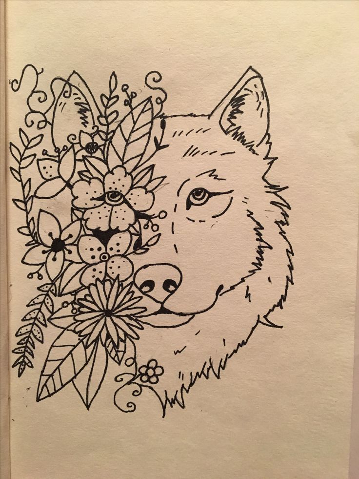 a drawing of a wolf with flowers on it's head