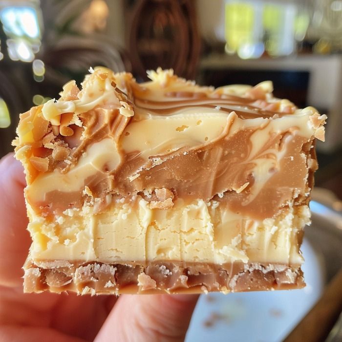 a hand holding up a piece of cake with chocolate and caramel toppings on it