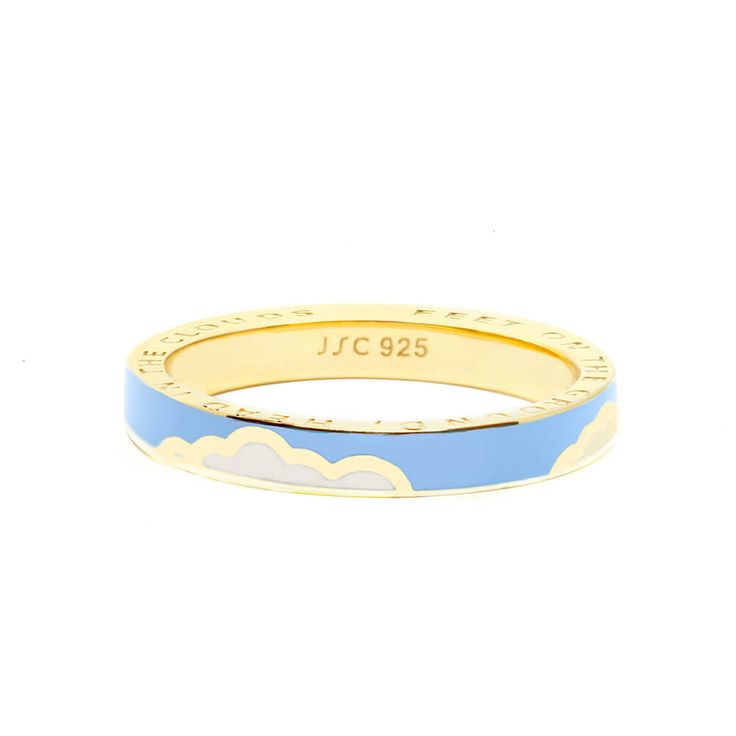 White clouds gently drift across this ice blue enamel ring in 14k gold vermeil. Featuring the quote “Feet on the ground, head in the clouds” around the base, you can wear alone or stack with some of your solid colored faves. Cool Rings Unique, Cloud Jewelry, Fun Rings, Enamel Rings, Cloud Ring, Colorful Ring, Funky Rings, Fantasy Earrings, Rainbow Ring