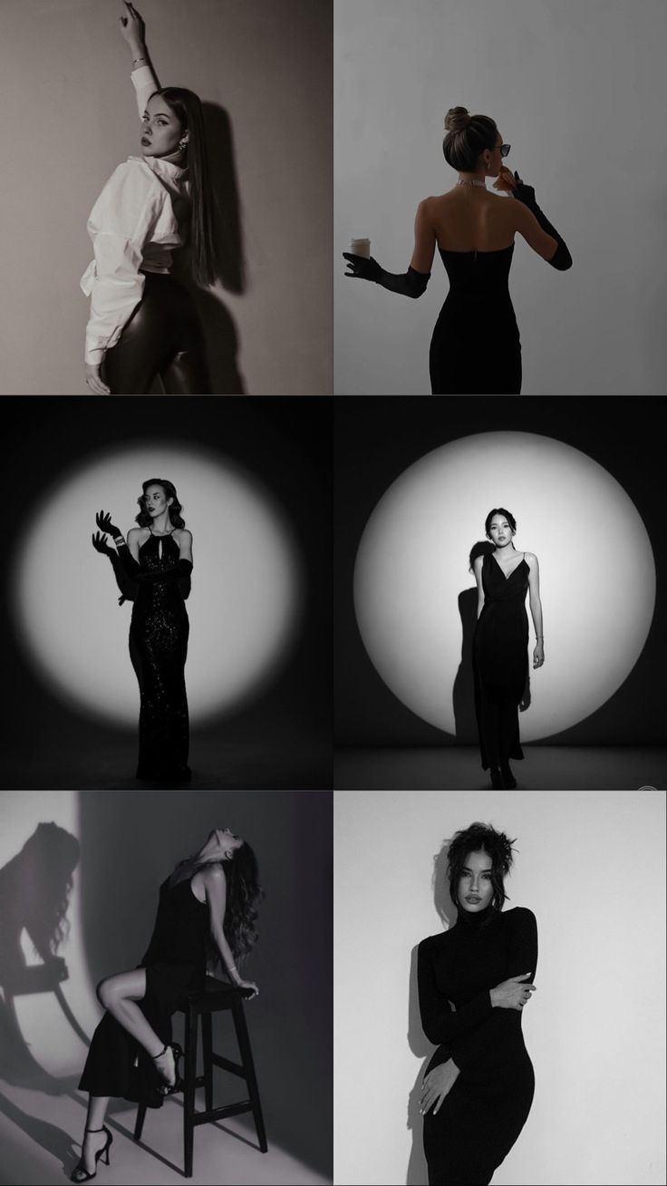 black and white photos of women in evening gowns, with one woman standing on a stool