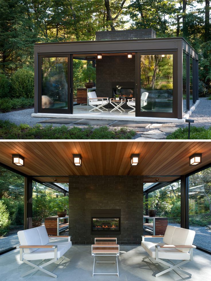 this modern house is built in the woods and has an outdoor living area with chairs, tables