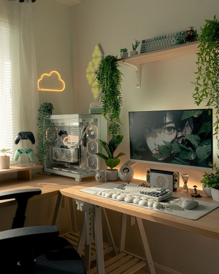 a computer desk topped with a keyboard and monitor next to a plant filled wall mounted above it