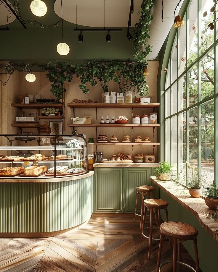 a bakery filled with lots of pastries and cakes next to tall glass windows covered in greenery