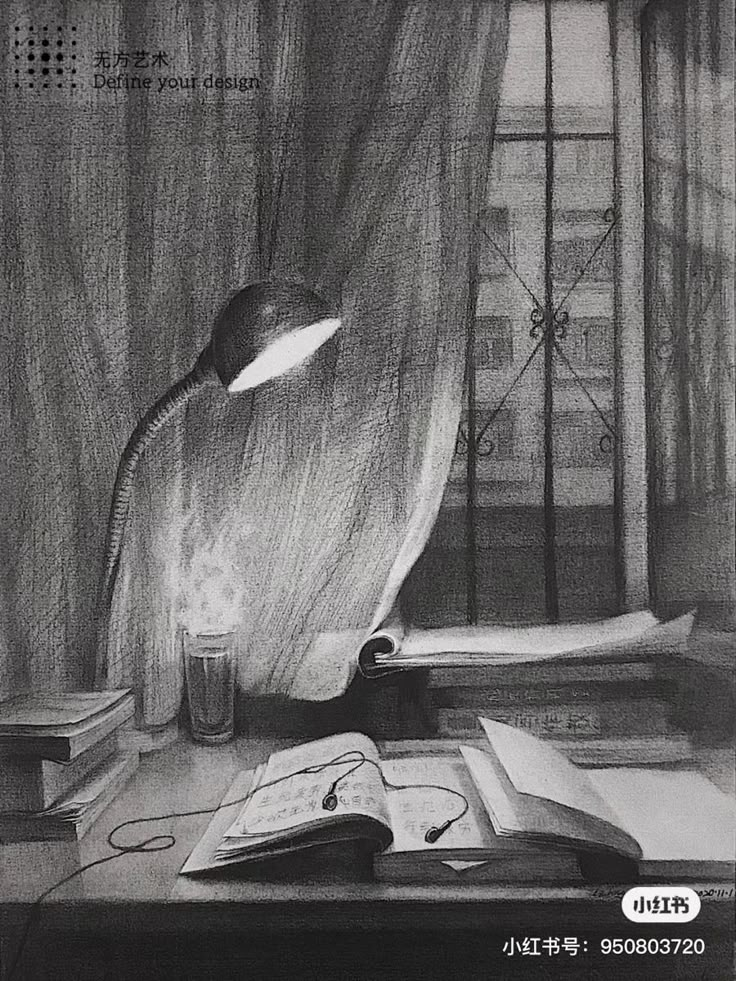 a black and white drawing of a lamp on a desk next to books, a bookcase, and a window