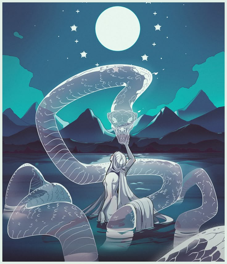 a woman sitting on top of a giant snake next to a river under a full moon