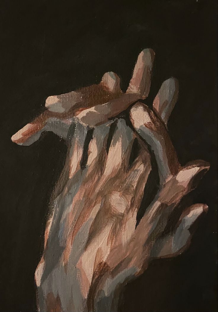 a painting of a hand holding something in it's right hand, on a black background