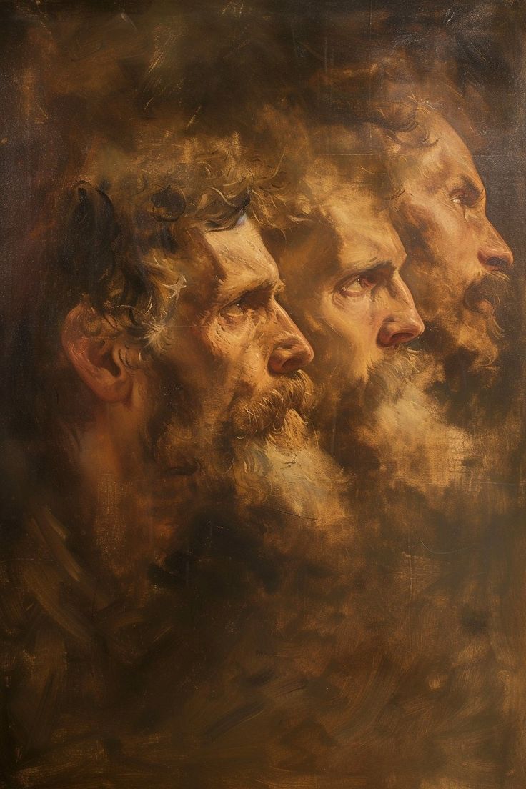 an oil painting of three men with beards