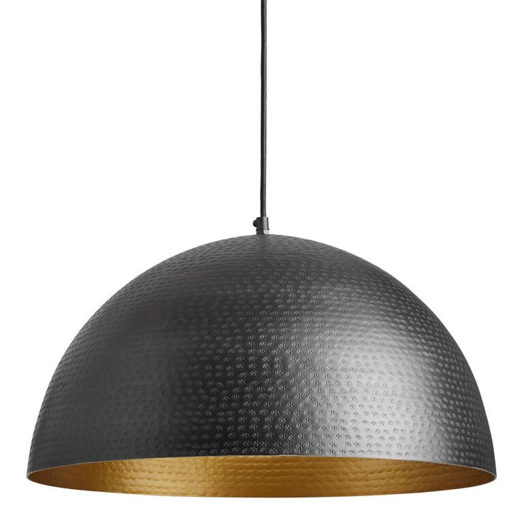 an industrial style pendant light hanging from a ceiling fixture with a metal finish and gold accents