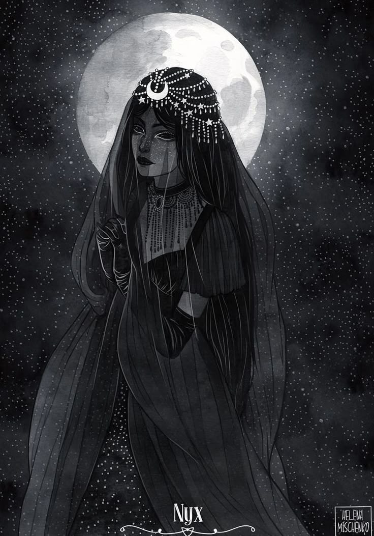 a black and white drawing of a woman with long hair in front of a full moon