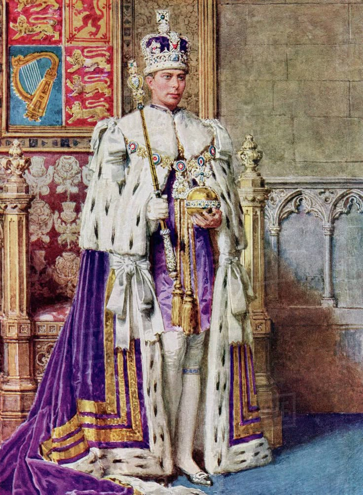 a painting of a man dressed in white and purple standing next to a golden throne