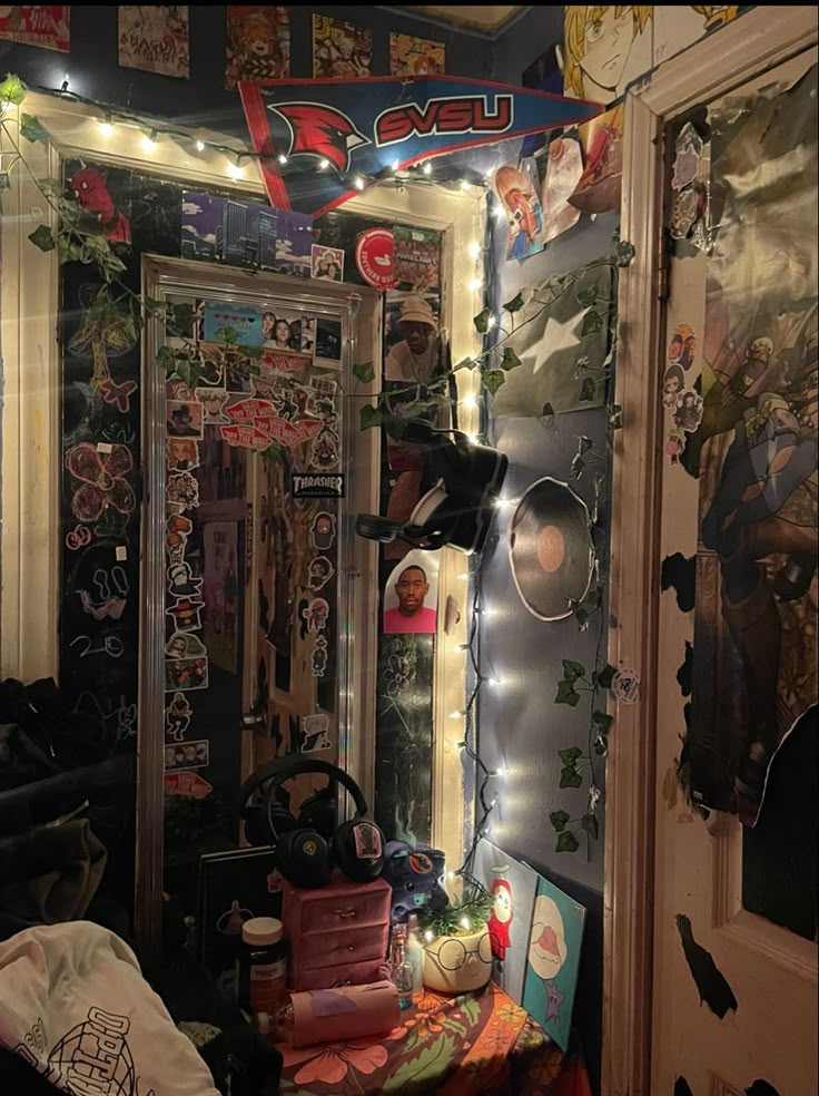 a room filled with lots of clutter and decorations on the walls, including lights