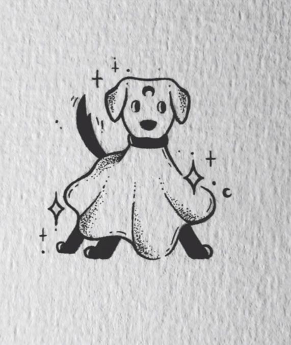 a black and white drawing of a dog with stars on it's back legs