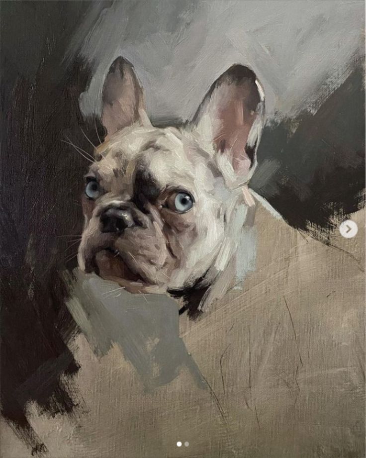 an oil painting of a dog's head with blue eyes on a gray background