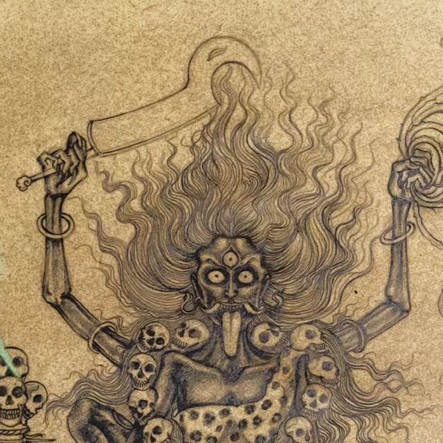 a drawing of a demon with skulls on it