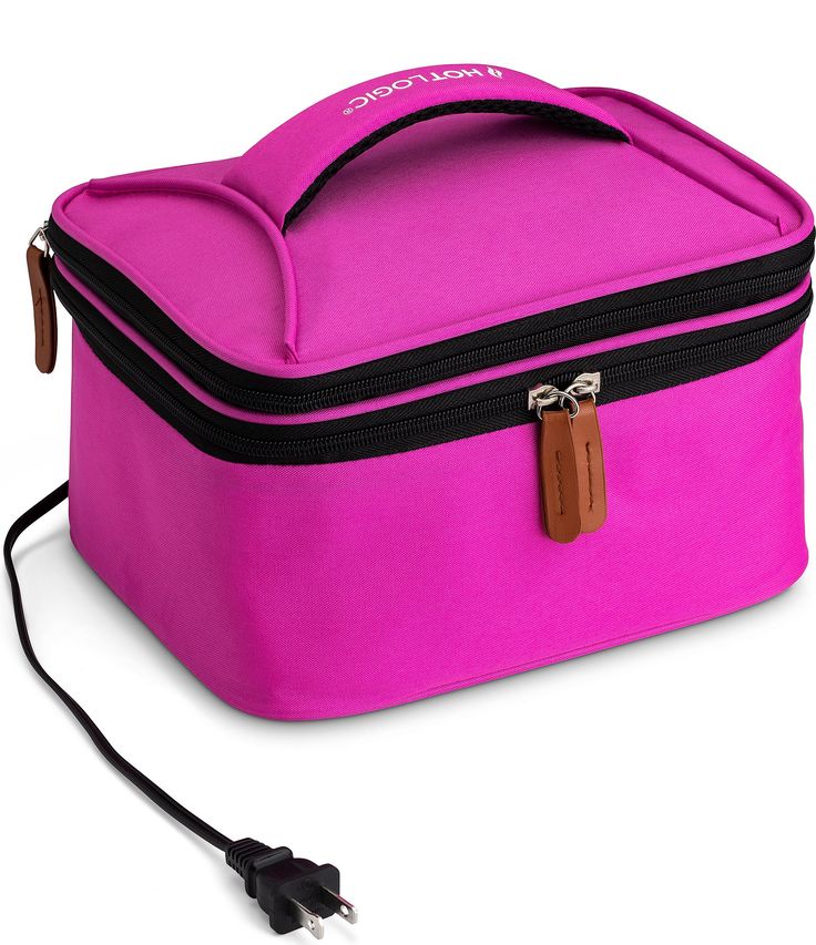 a bright pink lunch box with black trim