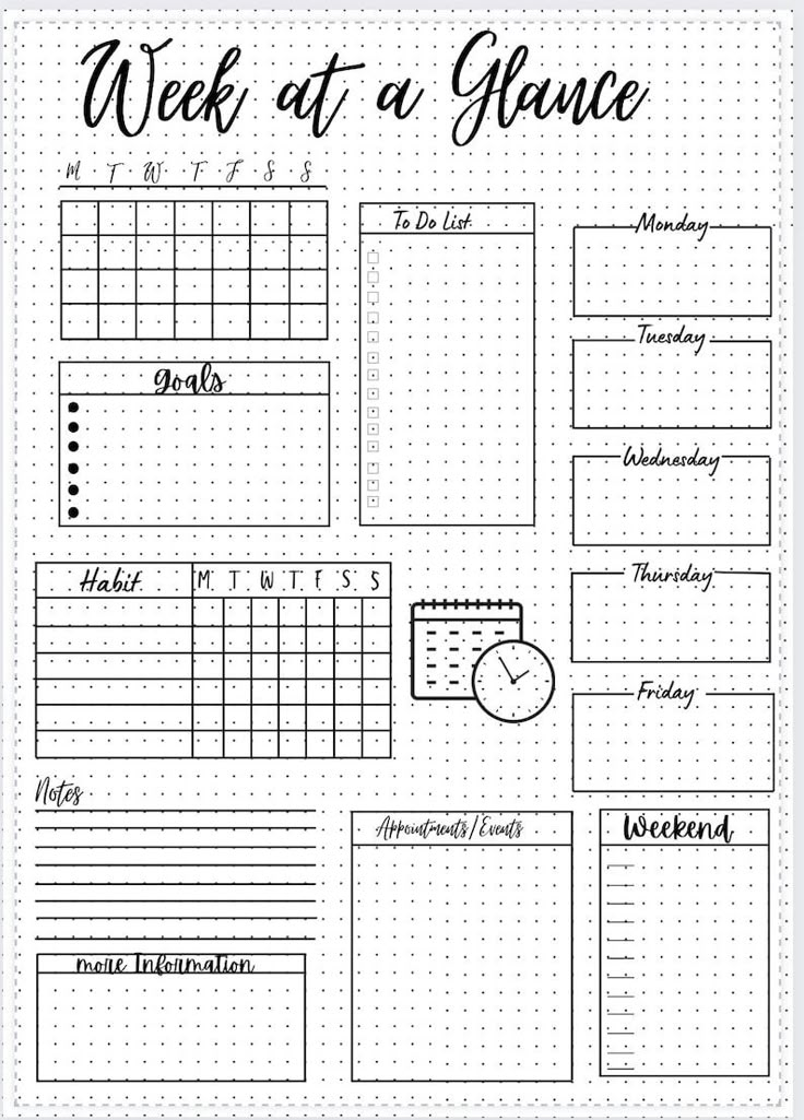 the week at a glance calendar is shown in this black and white printable planner