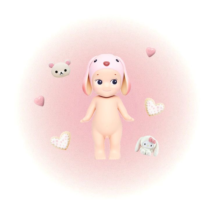 a baby doll surrounded by hearts and other small animals on a pink background with space for text