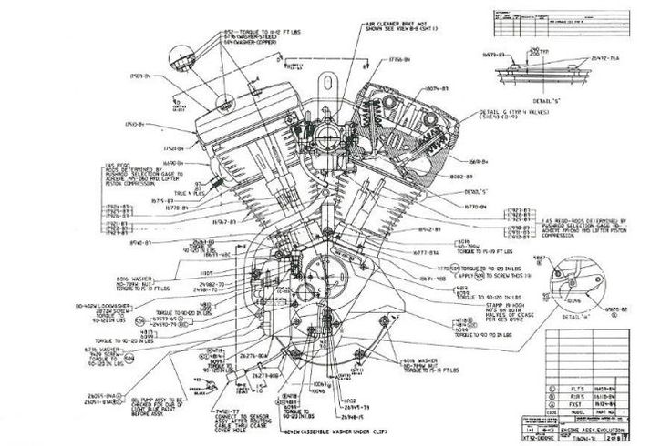 a drawing of an engine and parts for a motorcycle, with the diagram below it