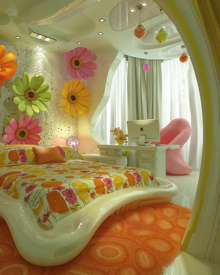 a bedroom decorated in bright colors with flowers on the walls and bedding, as well as furniture