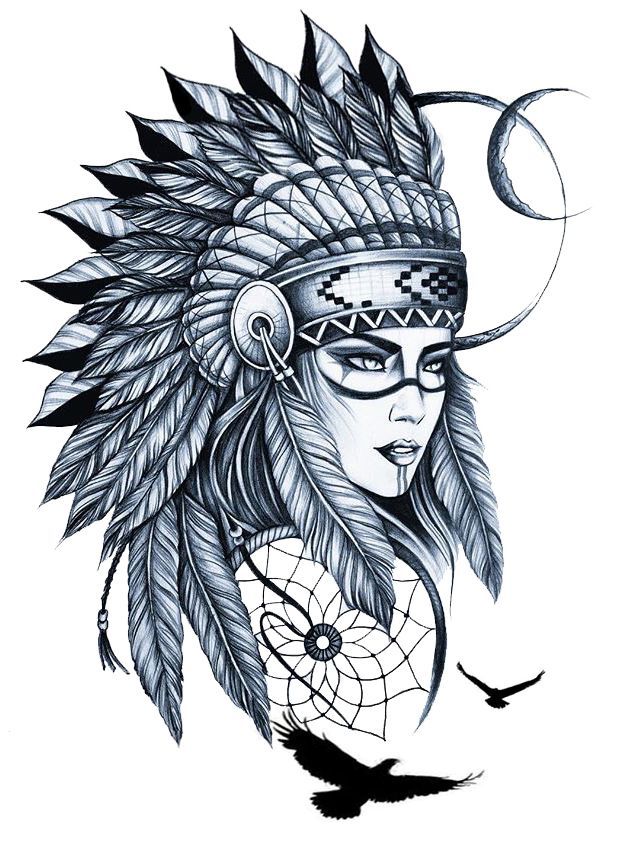 a drawing of a native american woman with feathers on her head and moon in the background