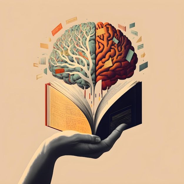 a hand holding an open book with a brain and tree on it's cover